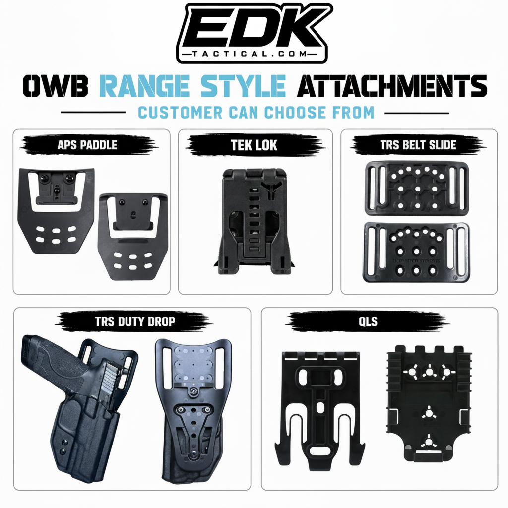 OWB Range Style attachment options including Adjustable APs Paddle, Tek Lok, TRS Belt Slide, TRS duty Drop, And QLS Quick Lock system