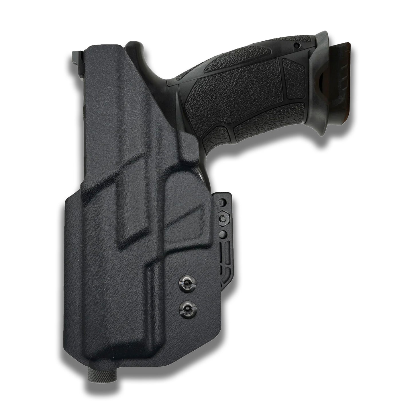A black polymer holster shown with a black semi-automatic handgun inserted, photographed on a clean white background with a soft drop shadow.