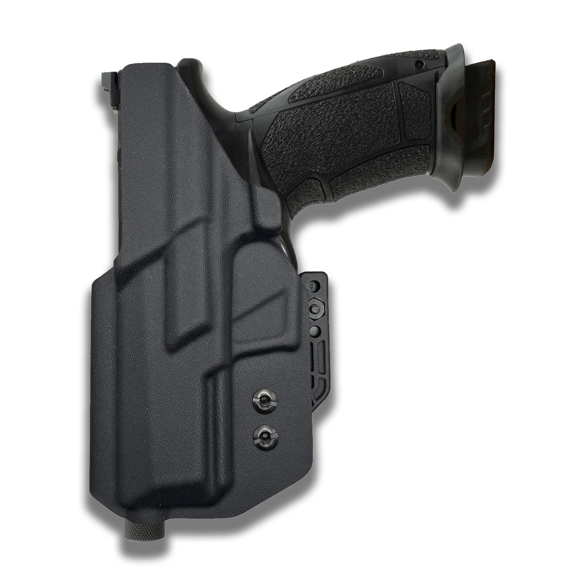 A black polymer holster shown with a black semi-automatic handgun inserted, photographed on a clean white background with a soft drop shadow.