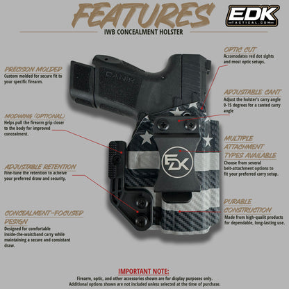Black American Flag IWB Kydex holster feature diagram showing optic cut, adjustable retention, cant and concealment wing