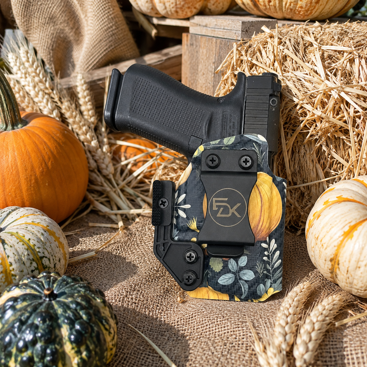 Fits Glock 43X IWB holster with fall pumpkin print, black EDK Tactical clip, Modwing, and Fits Swampfox optic.