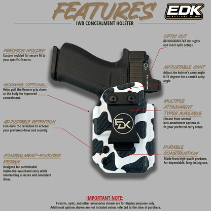 Glock 43X Cow Print IWB holster feature diagram showing adjustable retention, optic cut, and belt attachment options