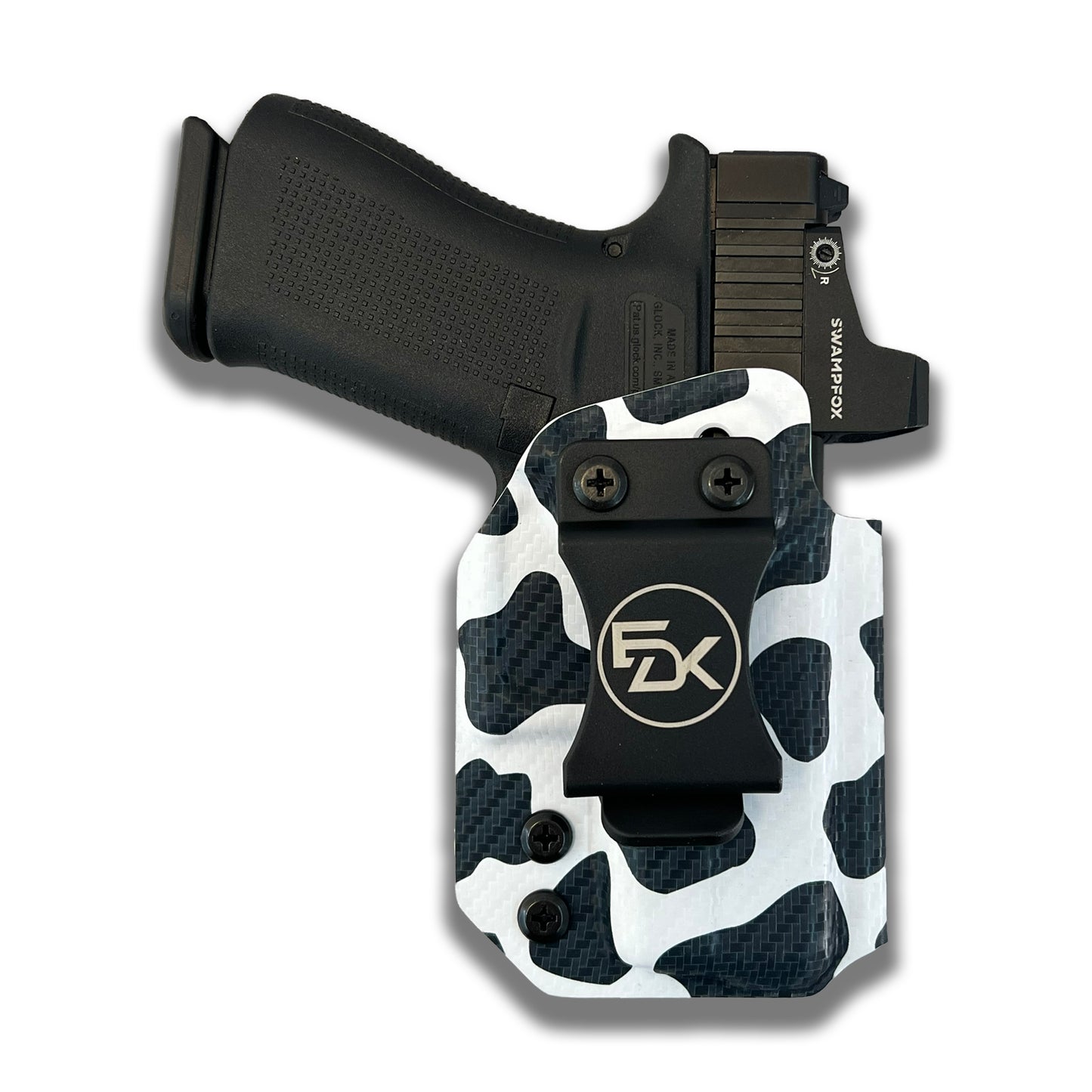 Glock 43 Cow Print front showing belt clips