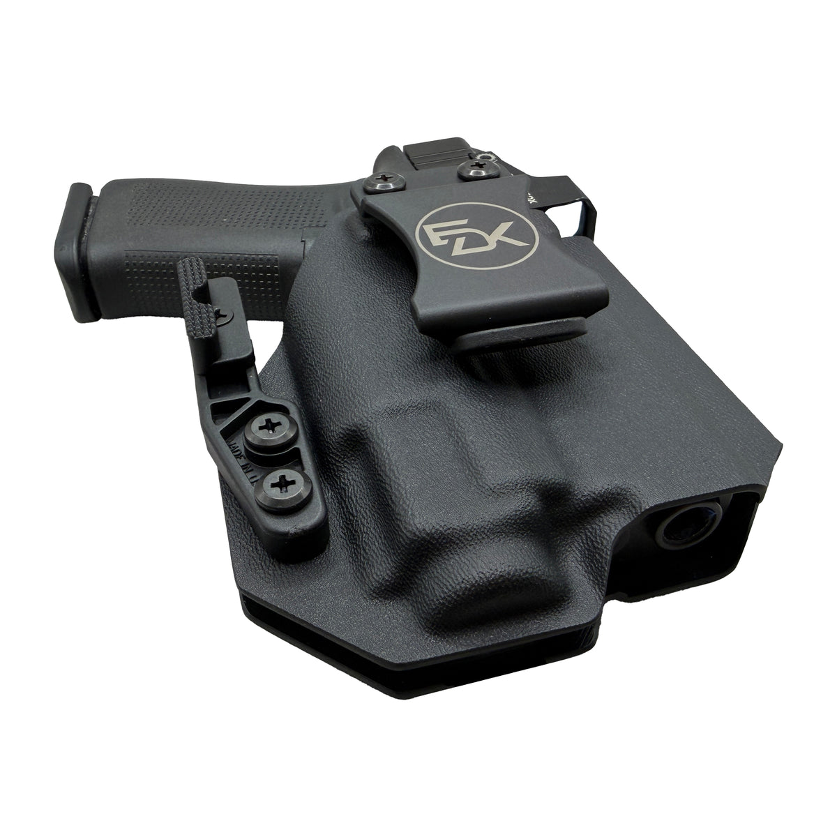 Light-bearing IWB holster showing open-end muzzle clearance