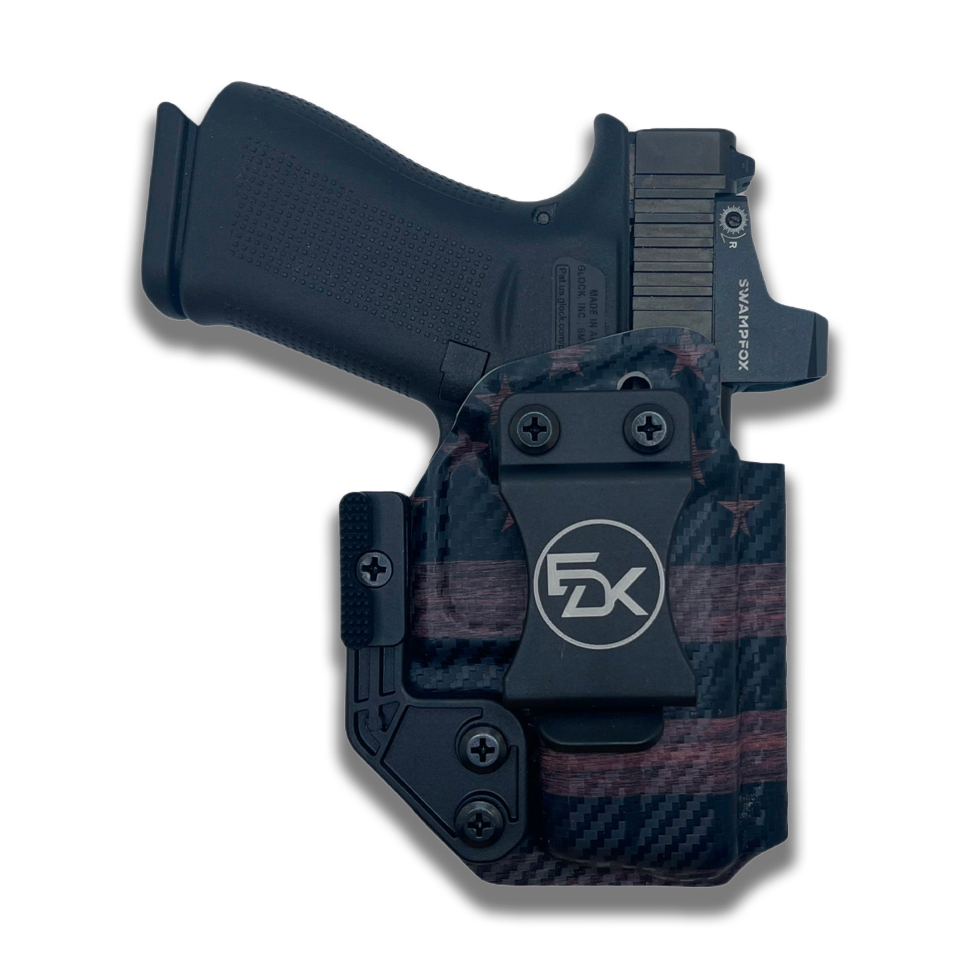 American Flag Wood Grain IWB Kydex holster with carbon fiber texture
