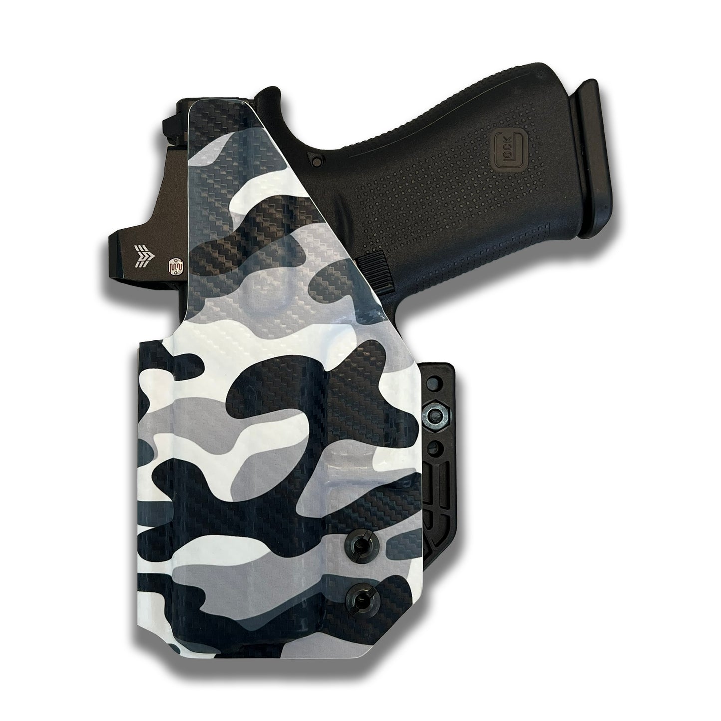 Arctic Camo IWB Kydex holster rear view with adjustable retention