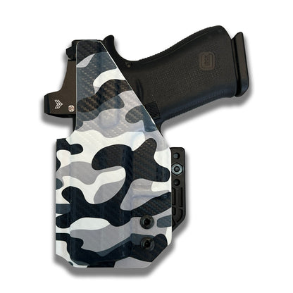 Arctic Camo IWB Kydex holster rear view with adjustable retention
