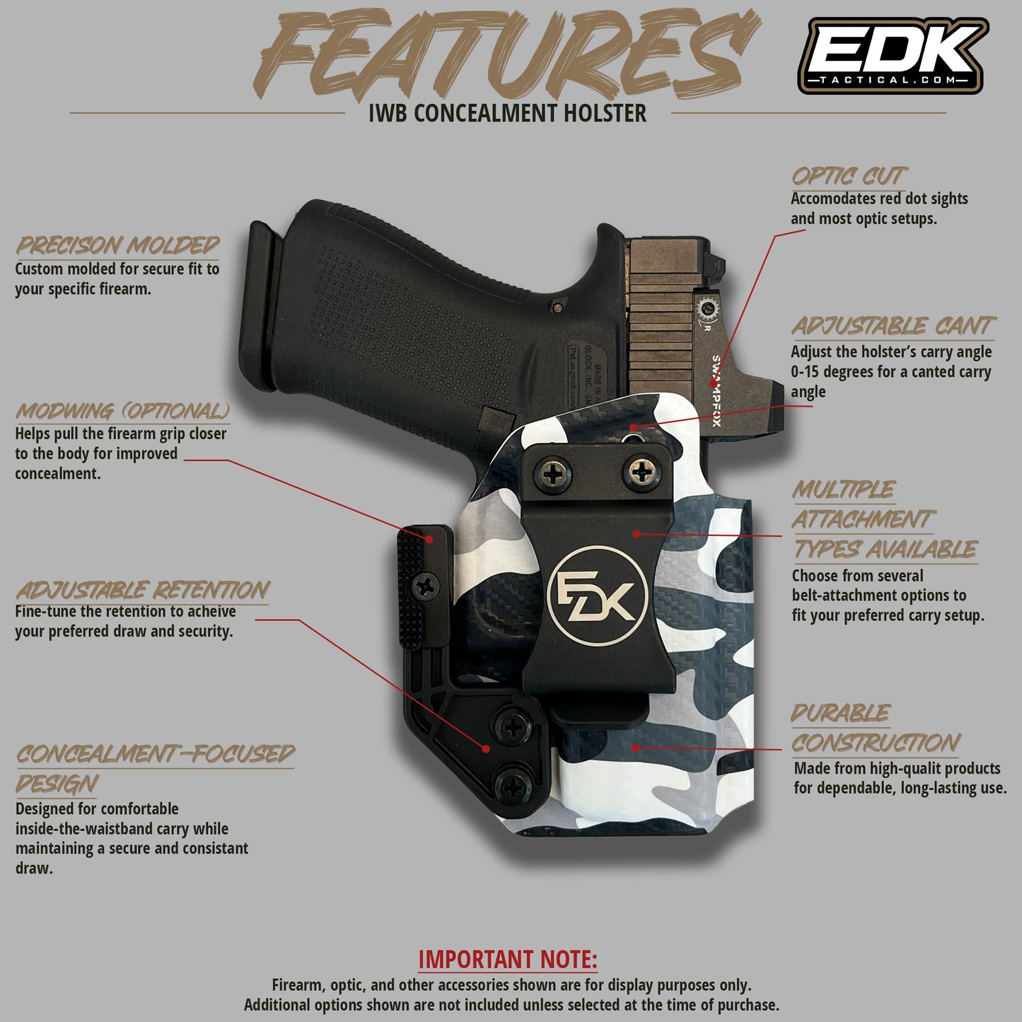 Arctic Camo IWB holster feature diagram with optic cut adjustable retention cant and concealment wing