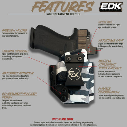 Arctic Camo IWB holster feature diagram with optic cut adjustable retention cant and concealment wing