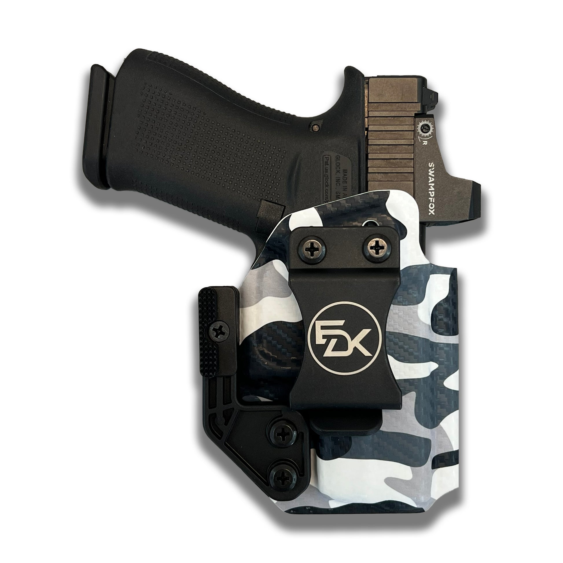 Arctic Camo IWB Kydex holster front view with carbon fiber texture