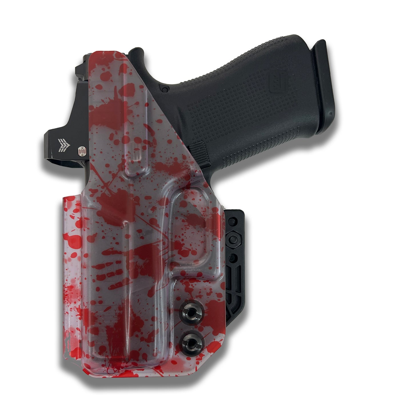 Bloody Handprint Ghost Clear IWB Kydex holster with red blood splatter design