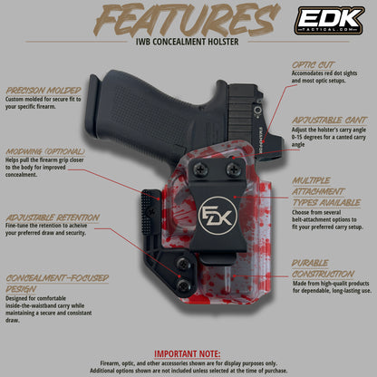 Bloody Handprint Ghost Clear IWB holster feature diagram with optic cut adjustable retention cant and concealment wing