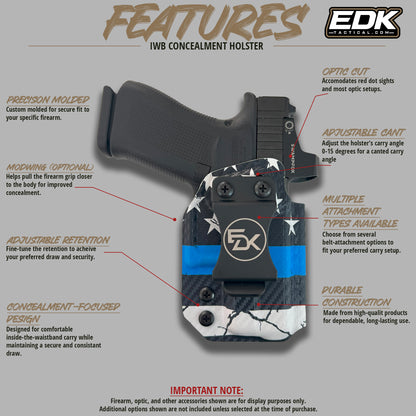 Thin Blue Line IWB Kydex holster feature diagram with optic cut, adjustable retention, cant and concealment wing