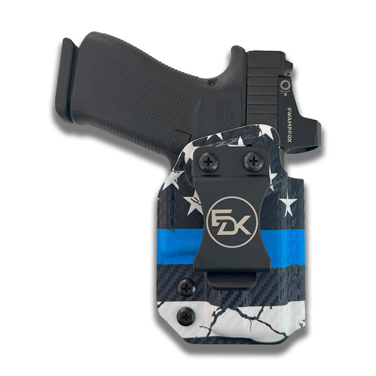 Thin Blue Line American Flag IWB Kydex holster with carbon fiber texture