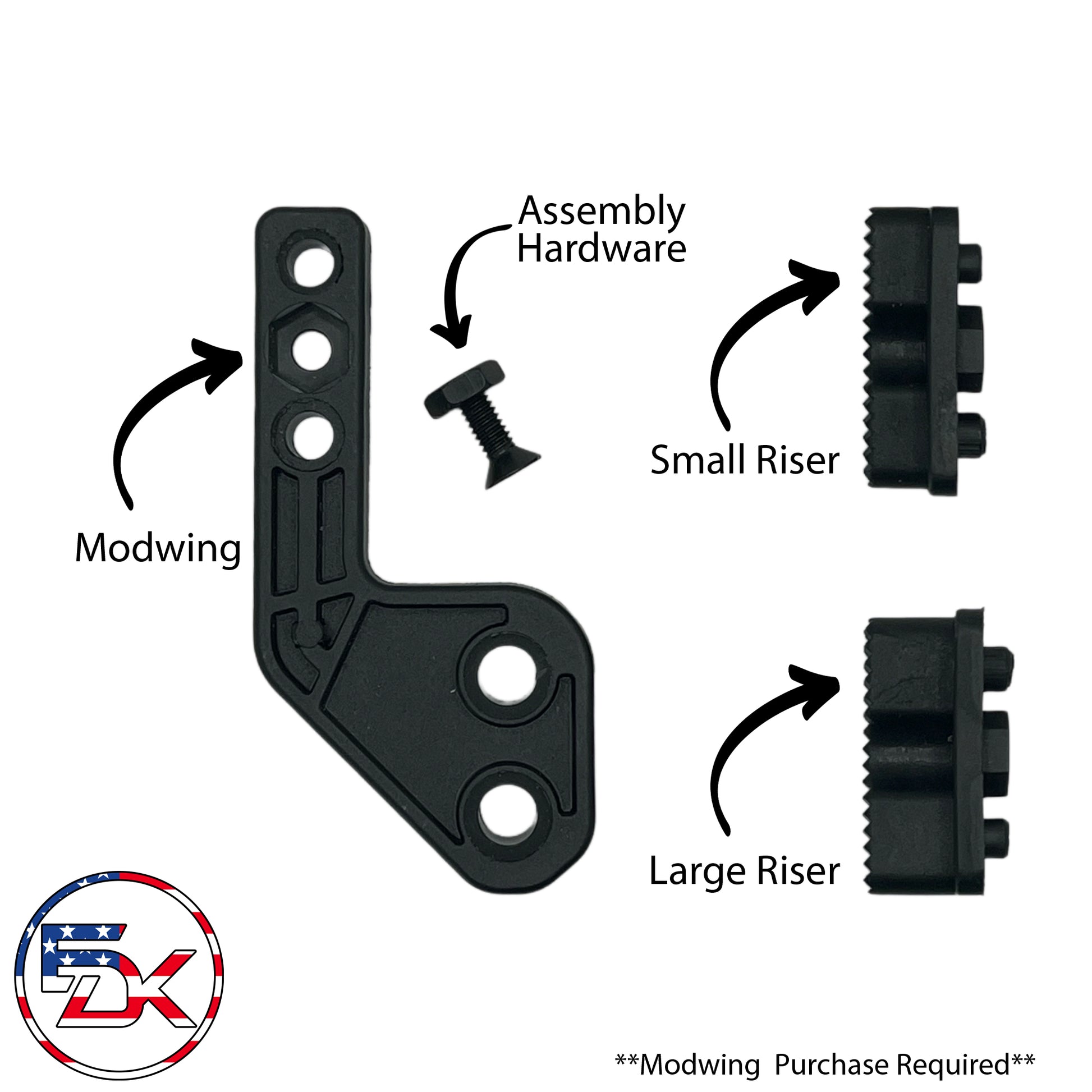 Black assembly hardware with modwing, small riser, large riser, and assembly hardware labeled on a white background.