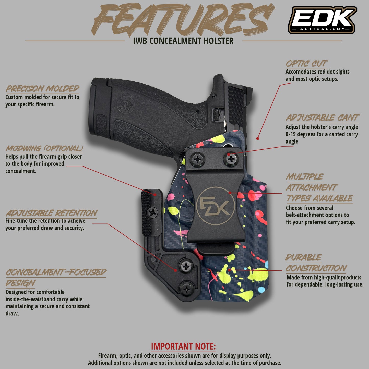 Features diagram calling out optic cut, adjustable cant, retention, Modwing, and belt options