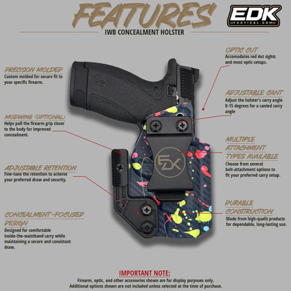 Features diagram calling out optic cut, adjustable cant, retention, Modwing, and belt options