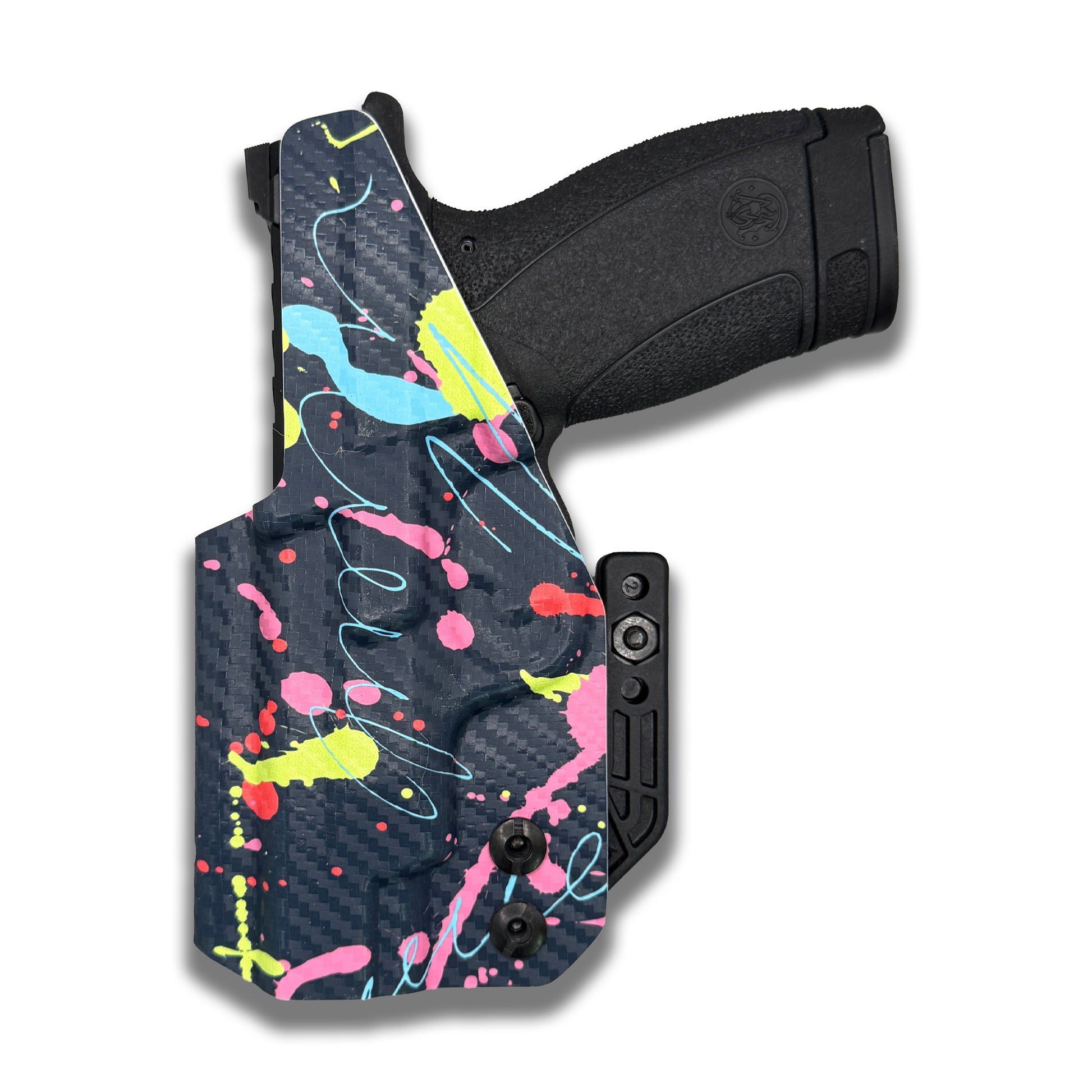 Back view showing the full neon splatter pattern and UltiTuck clip