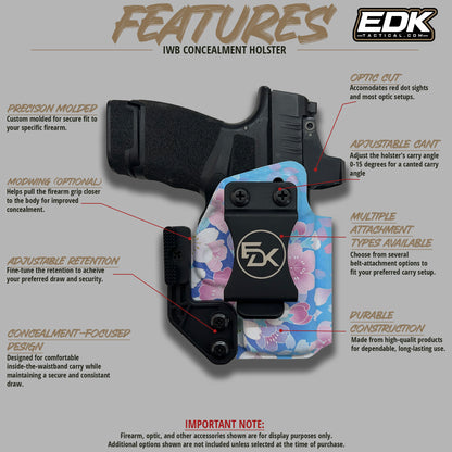 Cherry Blossom IWB holster feature diagram showing optic cut, adjustable cant, Modwing, adjustable retention and belt attachment options – EDK Tactical