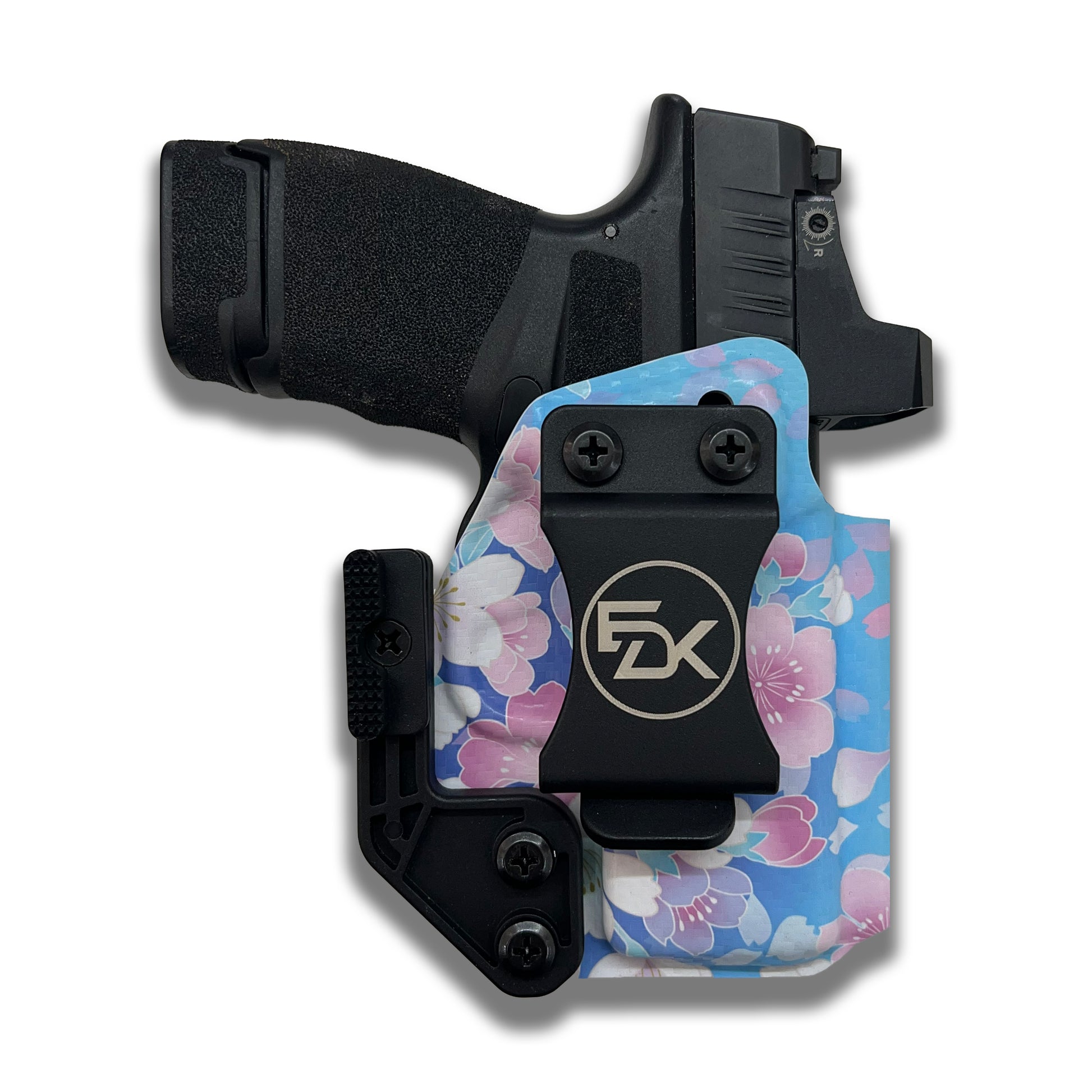 Cherry Blossom printed IWB holster with pink floral design on carbon fiber textured Kydex – EDK Tactical