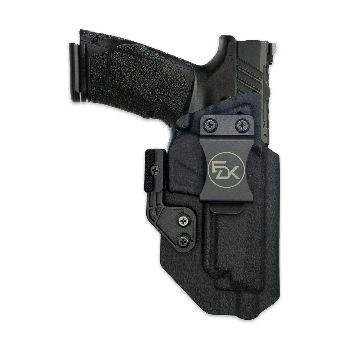 Black IWB holster that fits Tisas PX-9 Gen 3 Tactical, shown with EDK belt clip and optional concealment wing