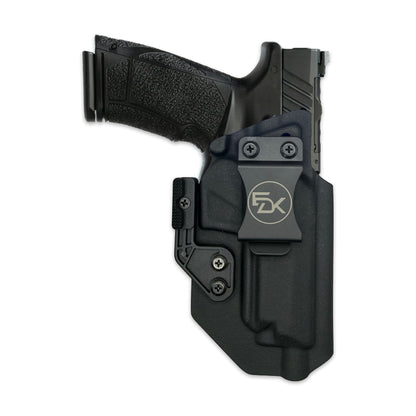 Black IWB holster that fits Tisas PX-9 Gen 3 Tactical, shown with EDK belt clip and optional concealment wing