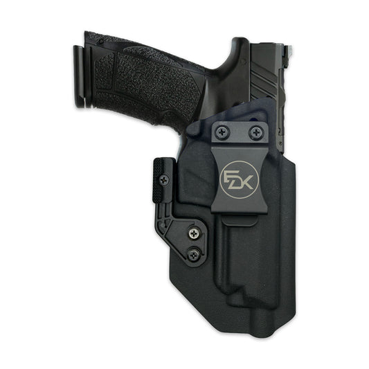 Black IWB holster that fits Tisas PX-9 Gen 3 Tactical, shown with EDK belt clip and optional concealment wing