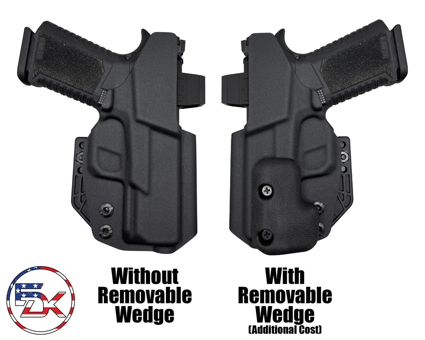 Two black gun holsters with and without a removable wedge, on a white background.