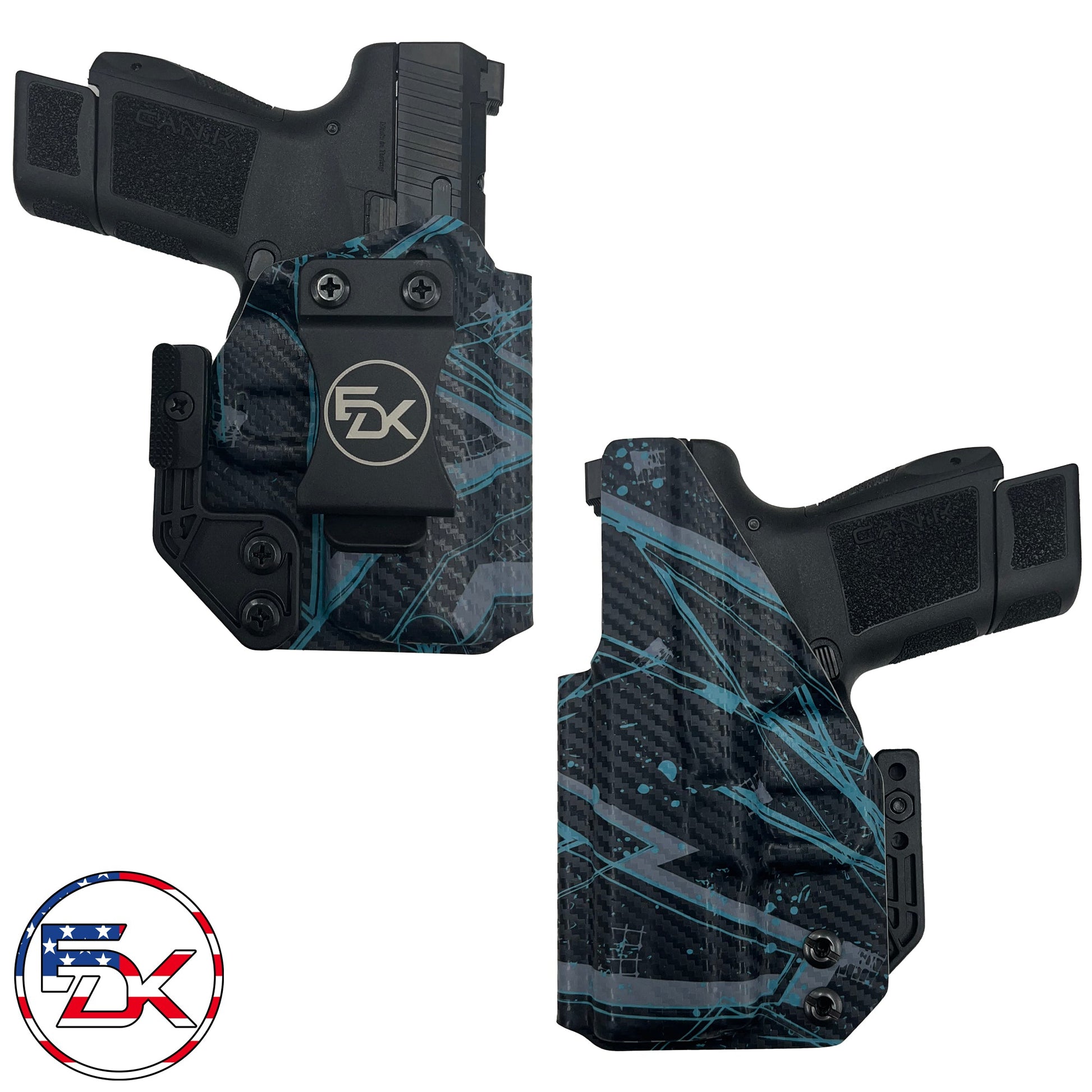 Carbon fiber Geometric IWB concealed carry holster shown from front and back – EDK Tactical