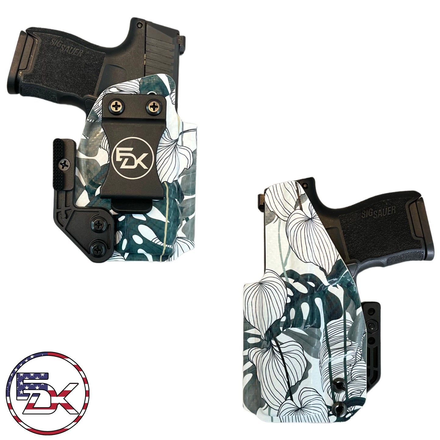 Monstera Leaves printed IWB holster with tropical leaf design on carbon fiber textured Kydex – EDK Tactical