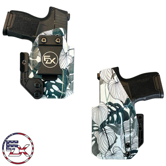 Monstera Leaves printed IWB holster with tropical leaf design on carbon fiber textured Kydex – EDK Tactical