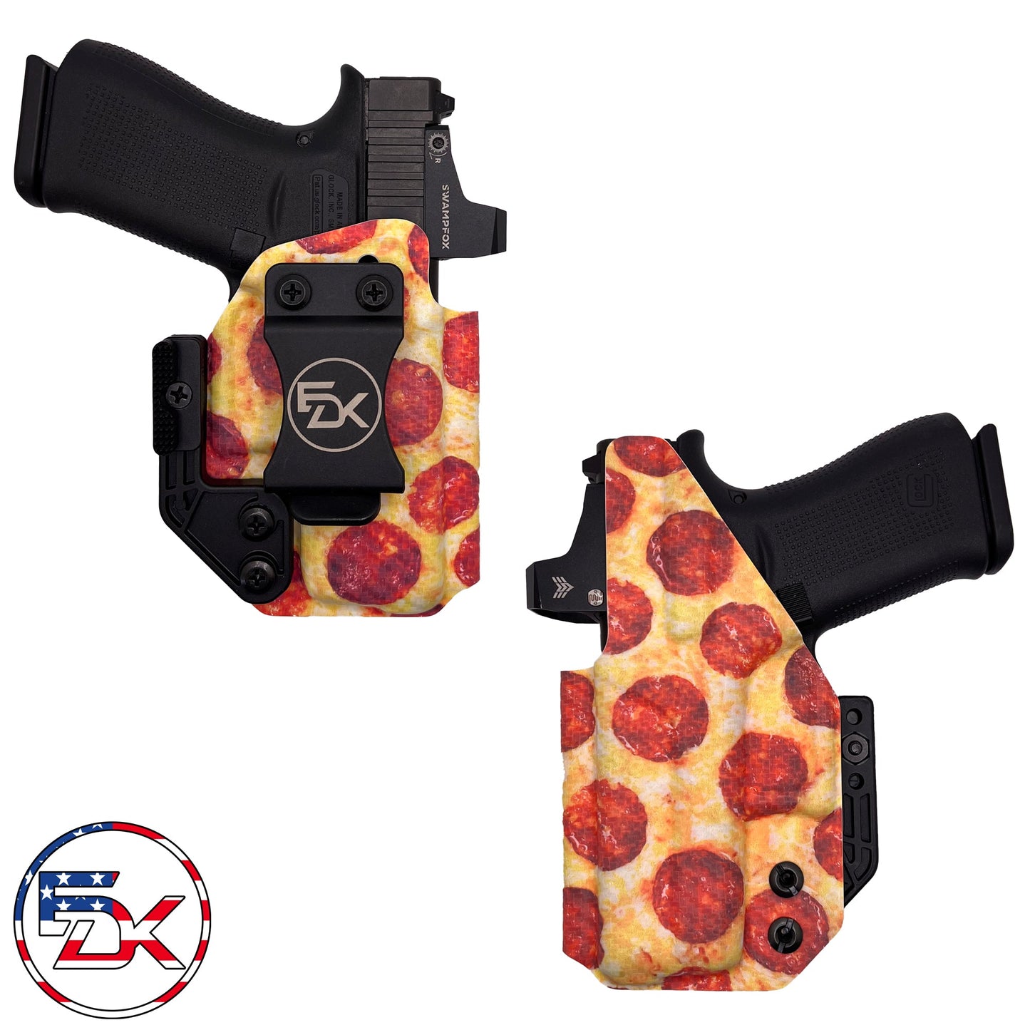 Pepperoni Pizza printed IWB holster with carbon fiber textured Kydex – EDK Tactical