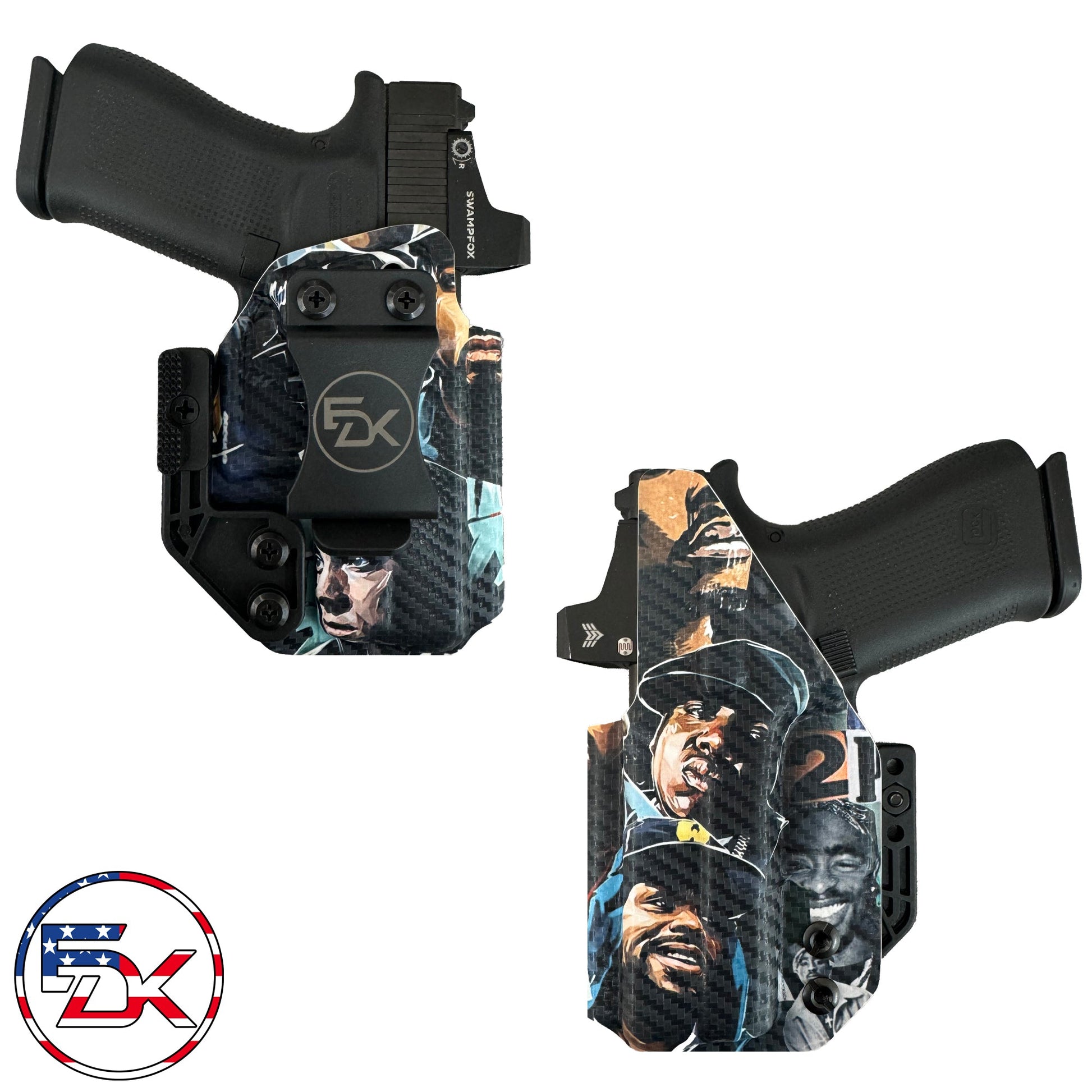 Rap Legends printed IWB holster with music-inspired artwork on carbon fiber textured Kydex – EDK Tactical