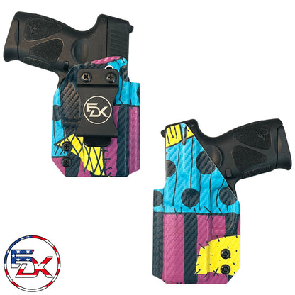 Sallys Dress printed IWB holster with colorful patchwork design on carbon fiber textured Kydex – EDK Tactical