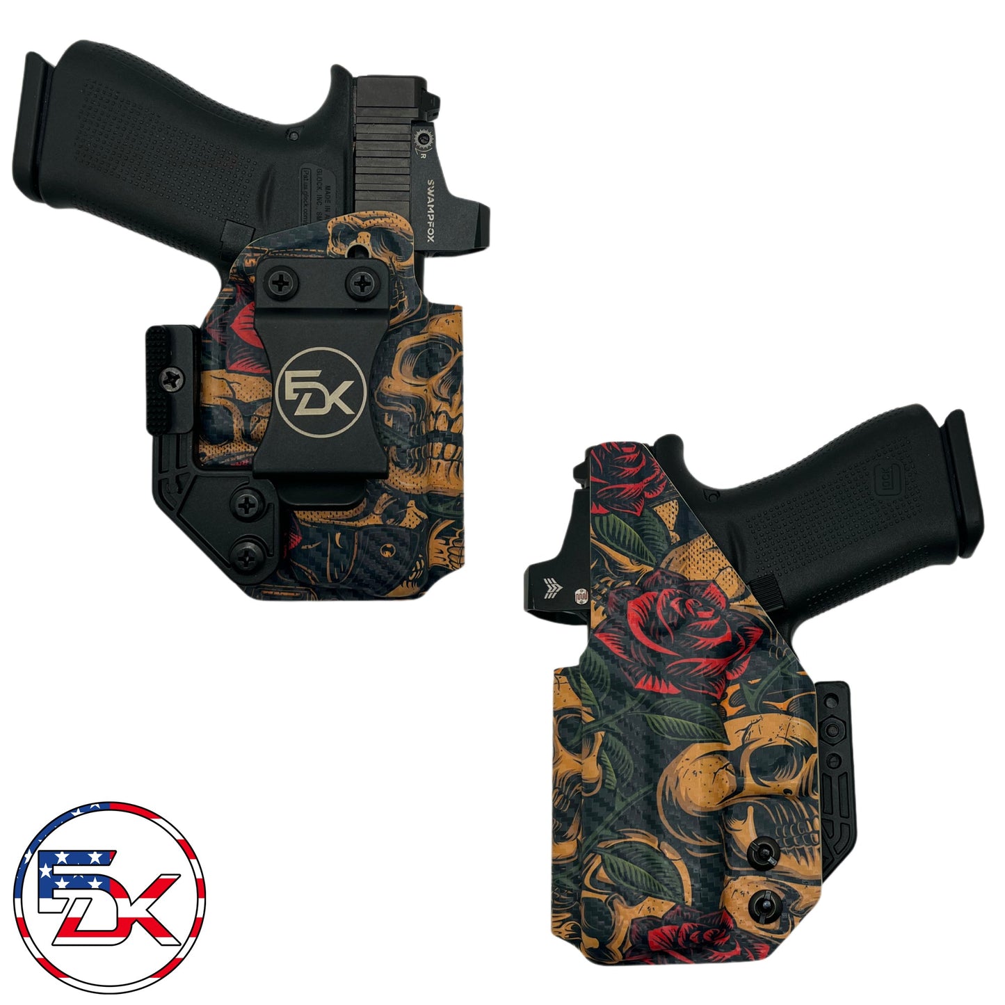 Skulls and Roses printed IWB holster with carbon fiber textured Kydex – EDK Tactical