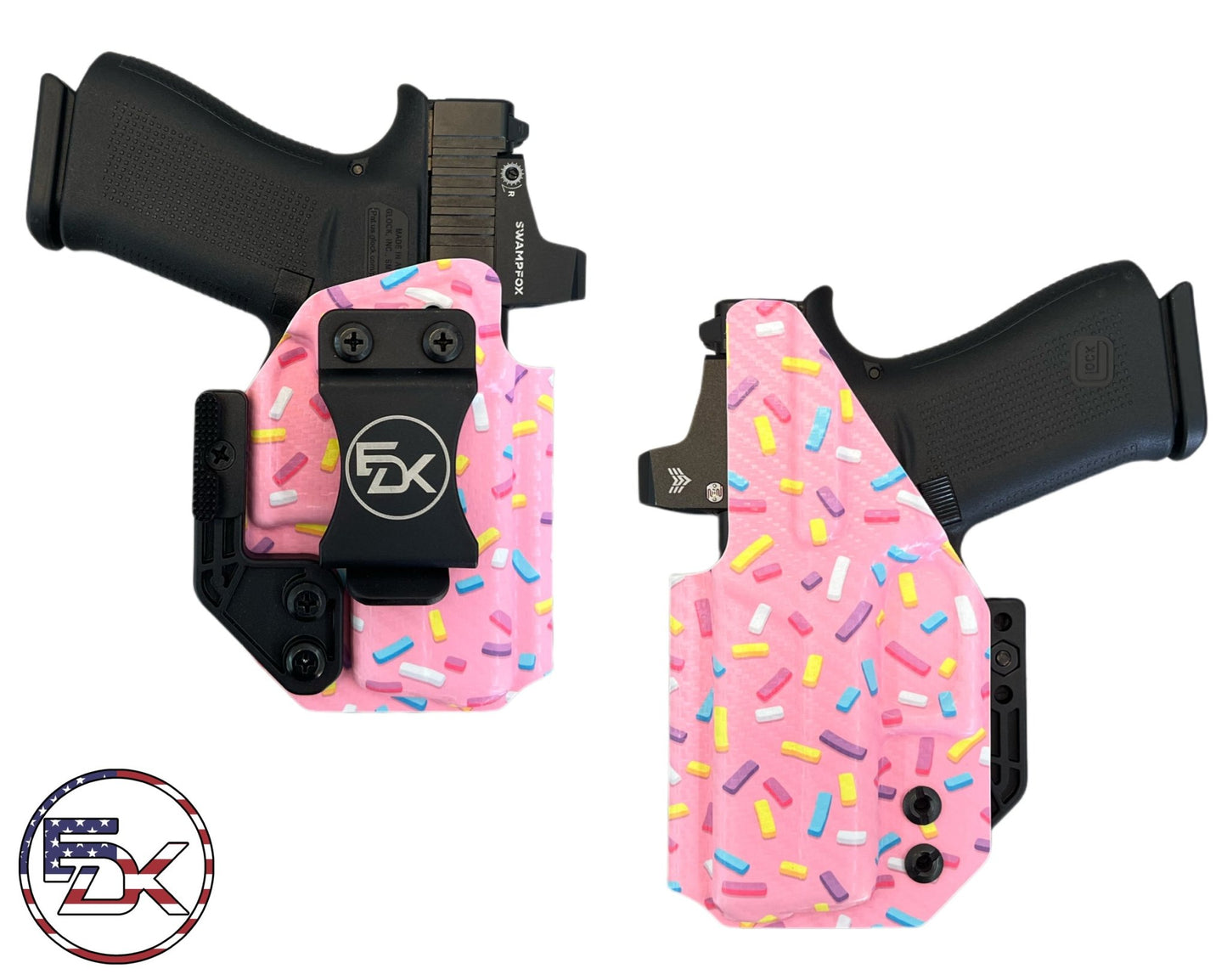 Sprinkles printed IWB holster with adjustable retention, belt clip and Modwing – EDK Tactical
