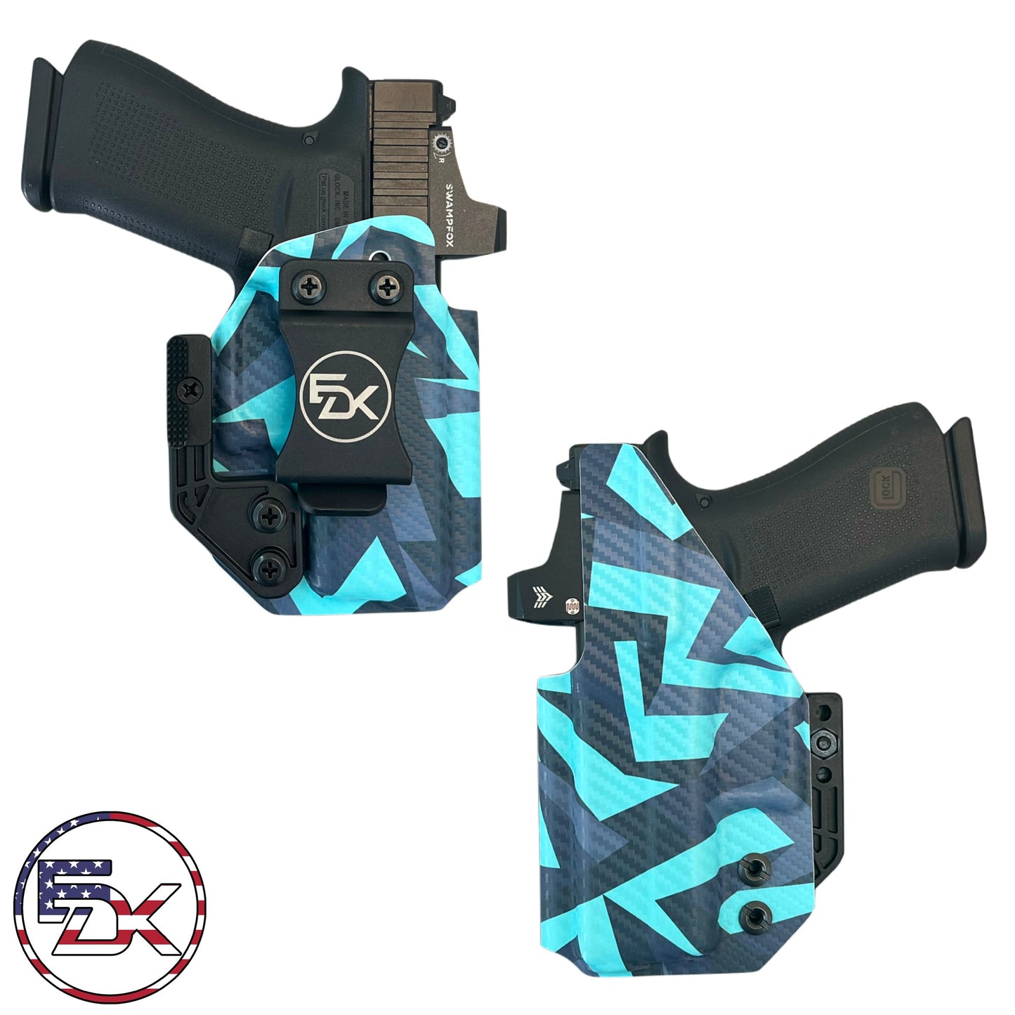 Teal Geometric printed IWB holster with modern teal pattern on carbon fiber textured Kydex – EDK Tactical