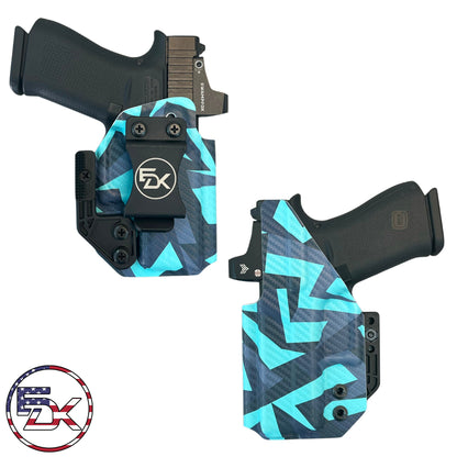 Teal Geometric printed IWB holster with modern teal pattern on carbon fiber textured Kydex – EDK Tactical