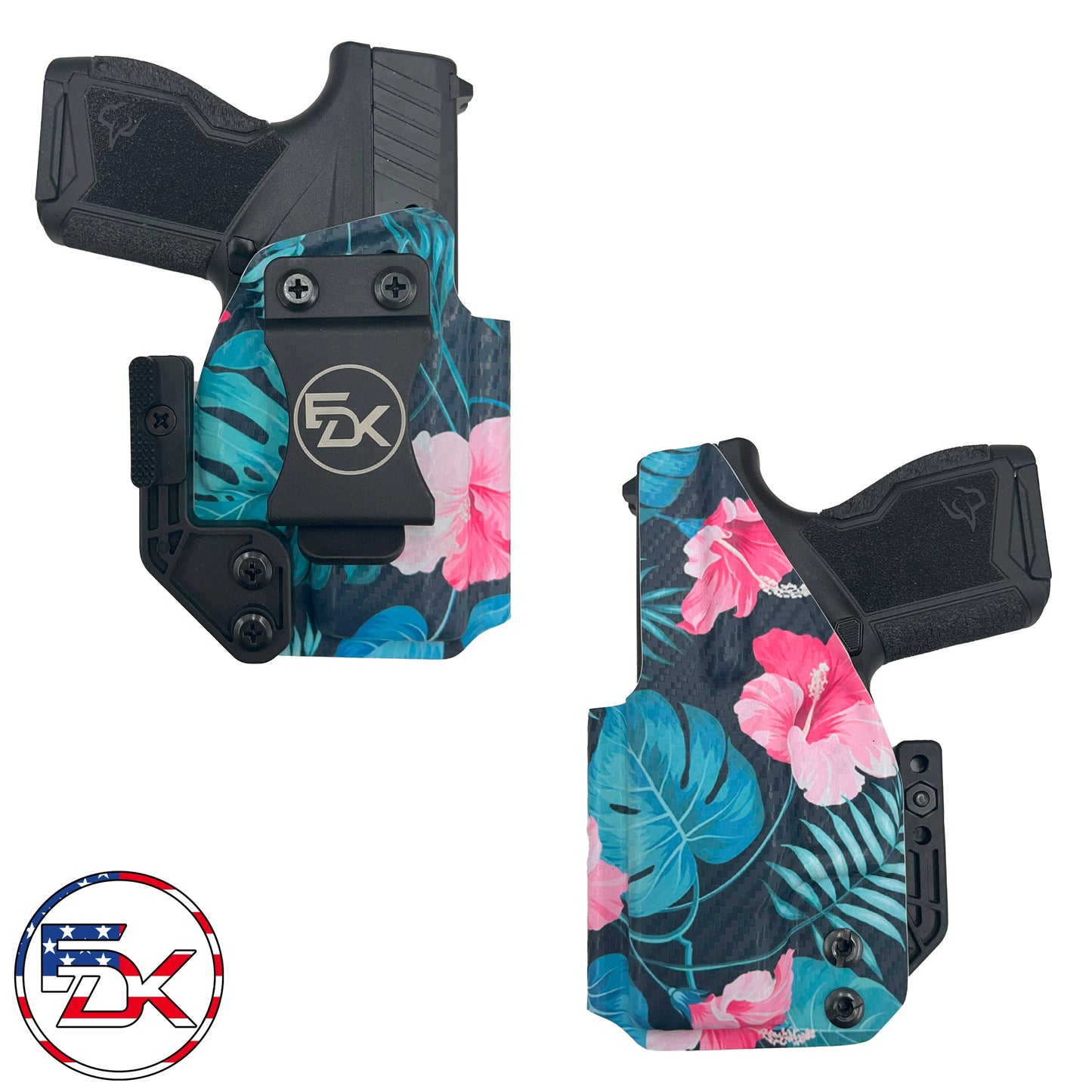 Tropical Love printed IWB holster with colorful tropical design on carbon fiber textured Kydex – EDK Tactical